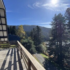 Location chalet Lac de Payolle : balcon avec vue sur les montagnes et le lac.